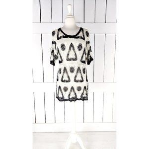 Vintage black ivory crochet beaded knit sheer short sleeve blouse